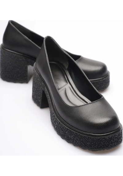Alfaze Siyah Deri Platform Taban Şık Loafer Ayakkabı Topuk Boyu 6 Cm