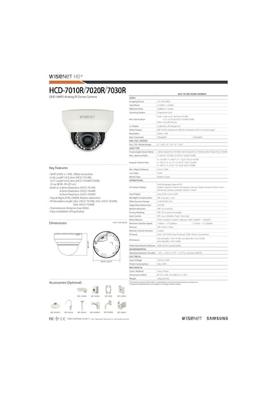Samsung Uyumlu / Wisenet HCD-7010R 4MP (QHD) Analog IR Ledli Dome Kamera