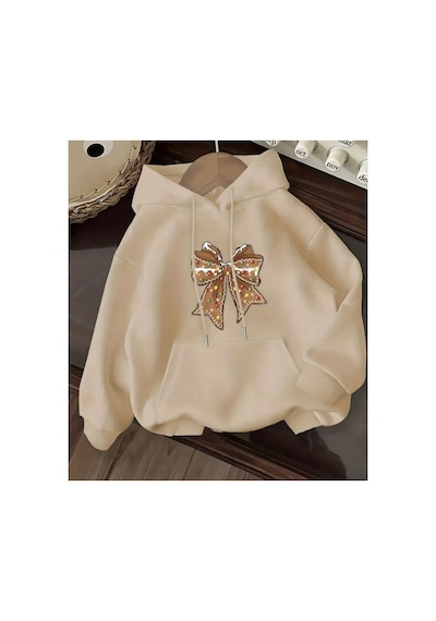 Herkesemoda Kurdele Baskı Detaylı İçi Polarlı Kapüşonlu Sweatshirt Bej