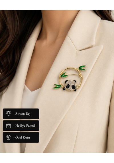 Sevimli Panda Ve Bambu Tasarımlı Kristal Taşlı Kadın Broşu Şık Hediye Açık Gri