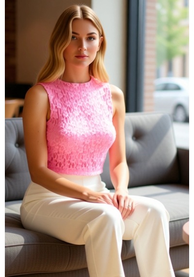 Frm Kadın Vücuda Oturan Bisiklet Yaka Kolsuz Örme Dokulu Crop Üst Kal Pembe