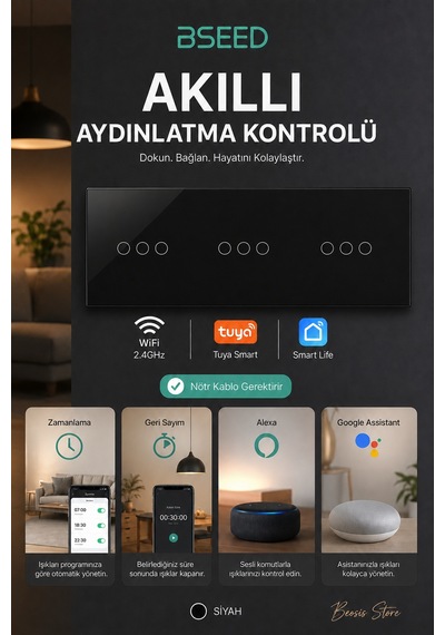 Bseed Siyah 9 Tuş Wifi Akıllı Dokunmatik Anahtar Tuya Smart Life, Nötr Hatlı