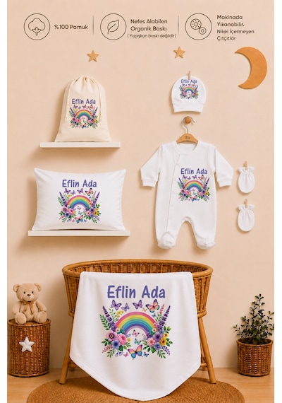 Pia Baby Kız Bebek %100 Pamuk İsme Özel Hastane Çıkışı Hediye Seti Yastık Tulum Battaniye Ve Kese 1045tybkyx Krem