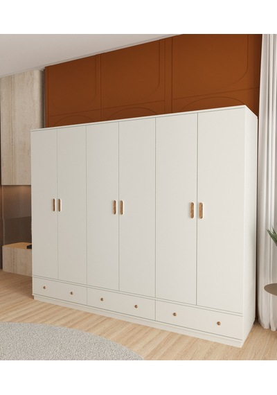Bohem 6 Kapaklı Çekmeceli Bazalı Gardırop - Tamamı Mdf Beyaz