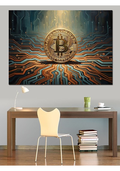 Ahşap Tablo Dev Bitcoin Logosu Ve Devreler