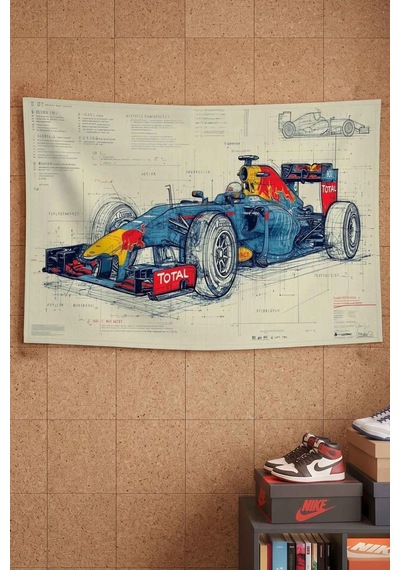 Red Bull Formula 1 Yarış Aracı Blueprint Dekoratif Duvar Örtüsü Duvar Halısı Beyaz