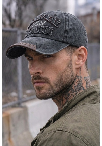Gigi Luxe Orginal The Black Nakışlı Yıkamalı Deri Eskitme Cap Baseball Şapka Kep Siyah Siyah