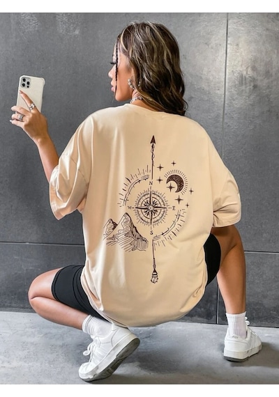 Pusula Baskılı Oversize Unisex Tişört Taş