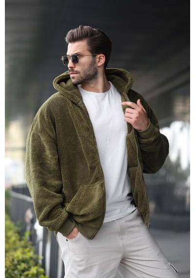 Madmext Haki Peluş Over Fit Kapüşonlu Fermuarlı Erkek Sweatshirt 6049 Haki