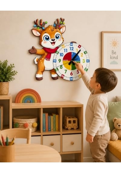 Sevimli Geyik Montessori Çocuk Odası Eğitici Ahşap Duvar Saati - Sessiz Mekanizma, Şık Tasarım Saat