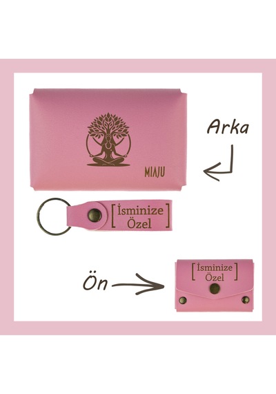 Miaju Pembe Renk, Hayat Ağacı Sevenler İçin, İsme Özel Cüzdan Ve Anahtarlık Set, Efsane Hatıra Set Pembe