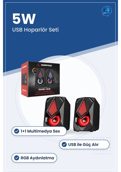 Kablolu Hoparlör Usb 2.0 1+1 Rgb Multimedya Ses Seti Siyah 5w Bil