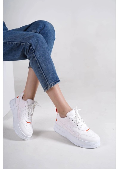 Mevese Avela Kalın Taban Bağcıklı Günlük Kadın Sneaker Beyaz Turuncu Detaylı