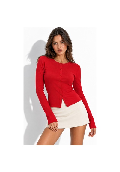 Wild Bee Kadın Kırmızı Pamuklu Vücudu Saran Düğmeli Basic Hırka Bluz