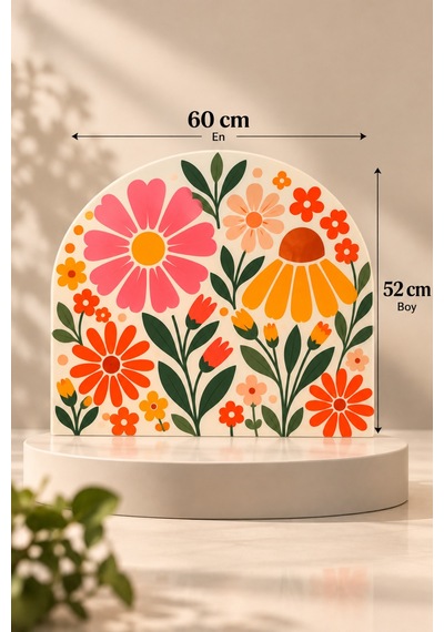 Gökçeoğlu Cam Ocak Arkası Koruyucu Cam Koruyucu Tezgah Ankastre Arkası Oval Şekilli Renkli Çiçek Temalı 52 X 60 Çok Renkli