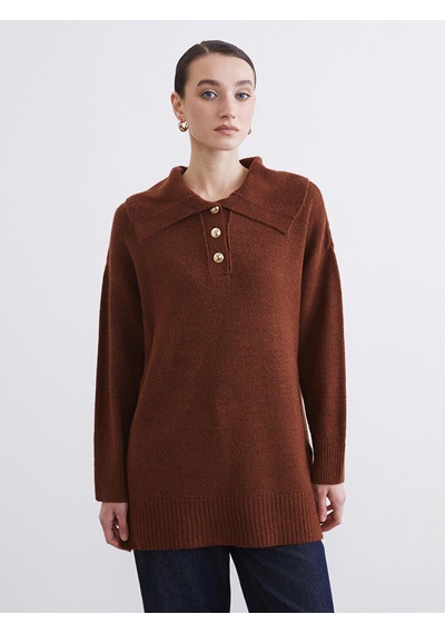 Lcw Modest Kahverengi Polo Yaka Kadın Triko Kazak