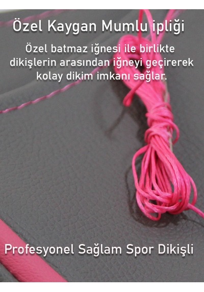 Ford Connect Gri İçin Uyumlu Özel Süper Deri Pembe Yüzüklü Dikişli Direksiyon Kılıfı