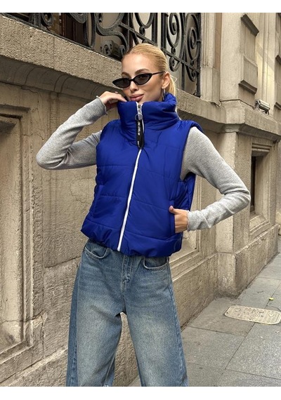 Veraura Lifestyle Saks Mavi Sırtı Taş İşlemeli Dik Yaka Kısa Şişme Yelek