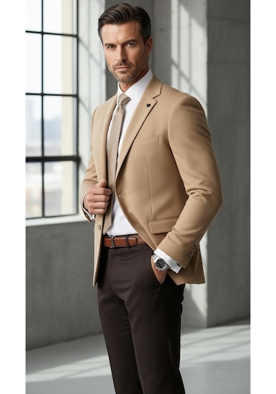 Plus Scorpion Slim Fit Pike Dokuma Erkek Blazer Ceket Modern Şık Günlük Kombin Bej