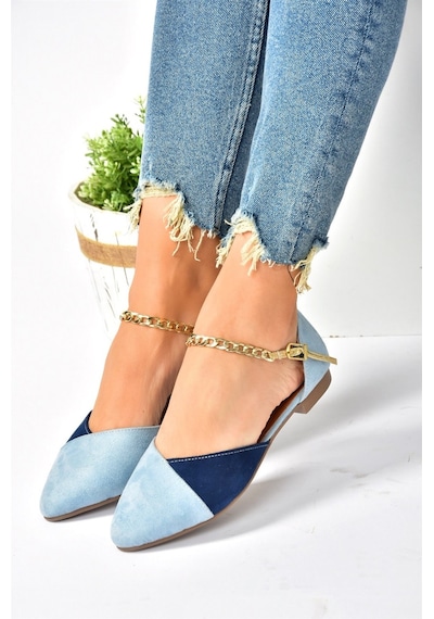 Fox Shoes Mavi/lacivert Süet Zincir Detaylı Kadın Babet P726054502 Mavi