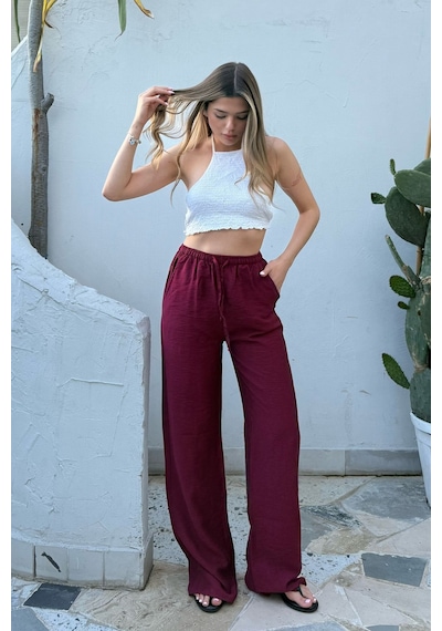 La & Vetta Pembe Keten Karışımlı Bol Kesim Pantolon Bordo