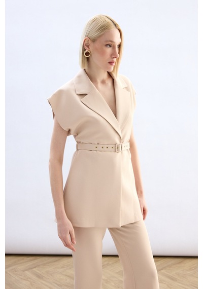 Sateen Kemerli Uzun Yelek - Bej-136851 Bej