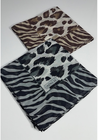 Sinem İndia Leopar Desen 2'li Eşarp -6294 Gri-taba