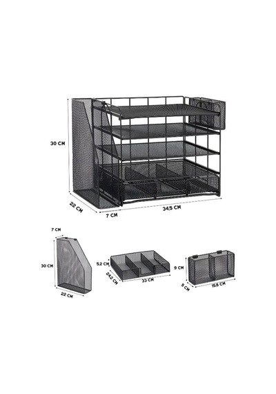 Temel Siyah Metal Mesh 4 Katlı Masaüstü Organizer Dosyalık Çekmeceli Kalemlikli 34.5x22x30 Cm 9209