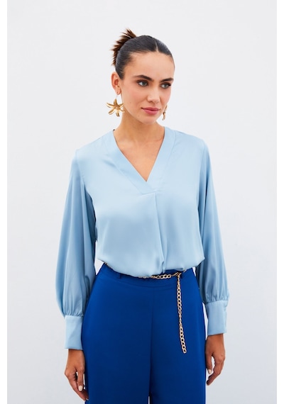 Sateen V Yaka Saten Bluz - Bebe Mavi-134904 Bebe Mavi