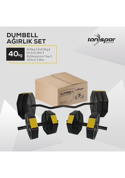 Tan Spor 40 KG Dambıl Ağırlık Halter  Kısa Bar ve Z Bar Seti
