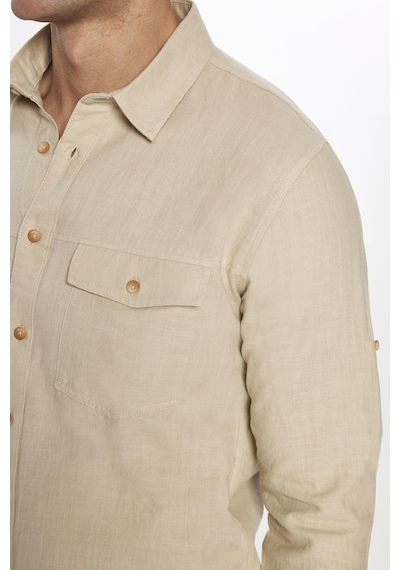 Tudors Erkek Slim Fit Dar Kesim Uzun Kollu %100 Pamuk Keten Doku Çift Cep Spor Yaka Taş Rengi Gömlek-29633 Taş