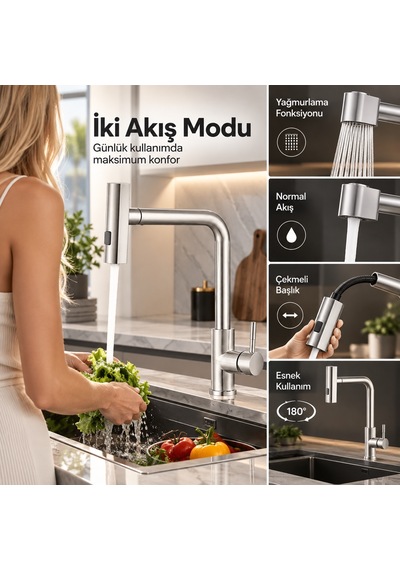 Alfas Aura Rain İnox Çekmeli Mutfak Evye Bataryası Yağmurlama Fonksiyonlu Pvd 304 Paslanmaz Çelik Inox