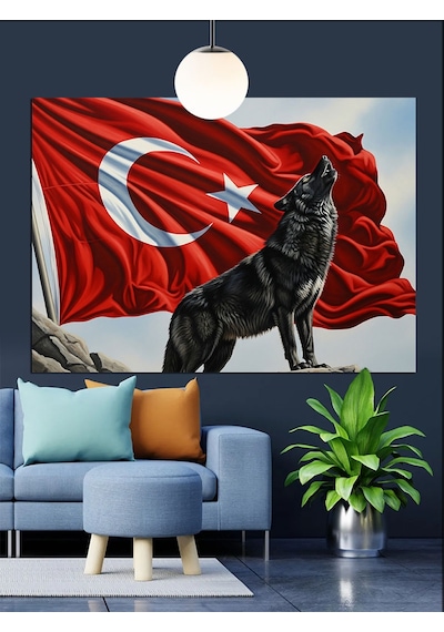 Türk Bayrağı Kurt Figürü Dekoratif Kanvas - Mdf Ahşap Tablo