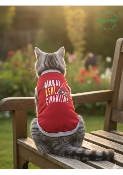 Dikkat Kedi Çıkabilir Yazılı Kırmızı Kedi Ve Köpek Kıyafeti Elbisesi