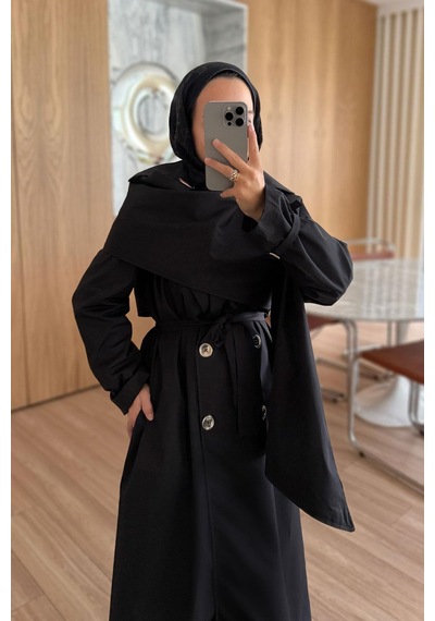Ka Hijab Şal Detay Maxi Boy Trençkot - Siyah