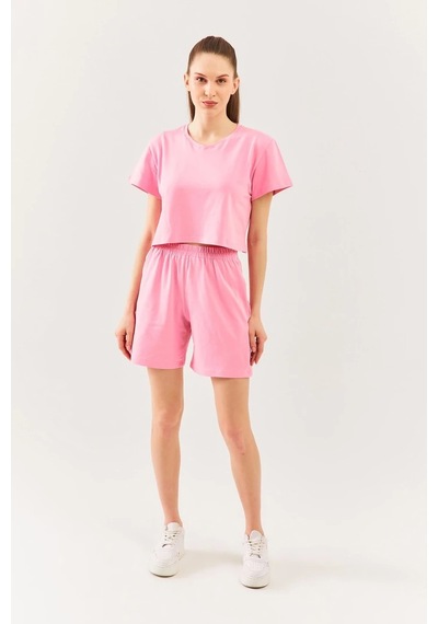 Kadın Rahat %100 Pamuklu Penye Bisiklet Yaka Kısa Kol Basic Crop T-shirt Pembe