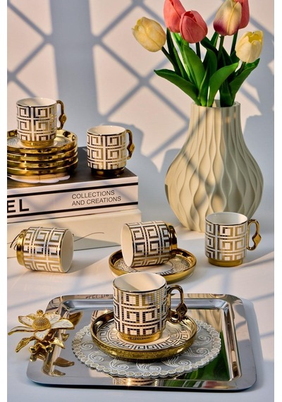 Valkyrie 12 Parça 6 Kişilik 80 Ml Geometrik Desenli Türk Kahvesi Fincan Takımı Gold K651-c