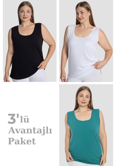 Arma Yıldız Kadın Pamuklu Büyük Beden Kalın Askılı Atlet 3'lü Paket Yeşil Beyaz Siyah
