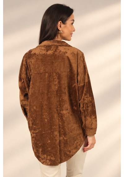 By Saygı Kadın Kapaklı Çift Cepli Çitçıtlı Süet Gömlek Camel