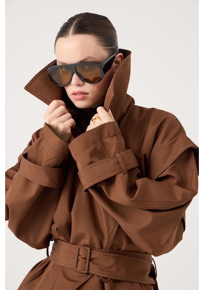 Holly Lolly Kemerli Oversize Kesim Sara Trençkot Kahve