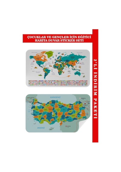 Harita Sepeti Eğitici - Öğretici Dünya Ve Türkiye Haritası Çocuk Odası Duvar Sticker-60x105-3887 Renkli