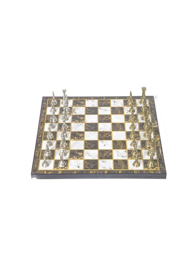 Lüks Metal Satranç Takımı Krom Kaplama Pegasus Atları & Kehribar Mermer Desenli Tahta 20 Cm.