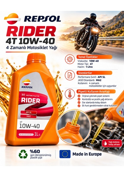 Repsol Rider 4t 10w-40 Motosiklet Motor Yağı 1 Litre Çekmeli Pipetli Kolay Dolum Jaso Ma2
