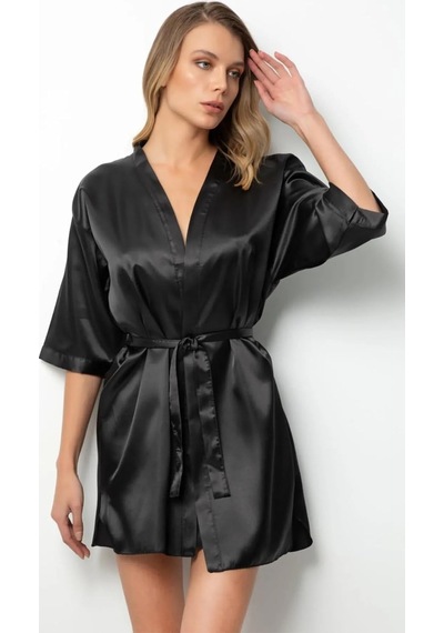 Kuşaklı Siyah Saten Sabahlık Ve Gecelik 2li Takım,siyah Xl/2xl Açık Bej - Beyaz