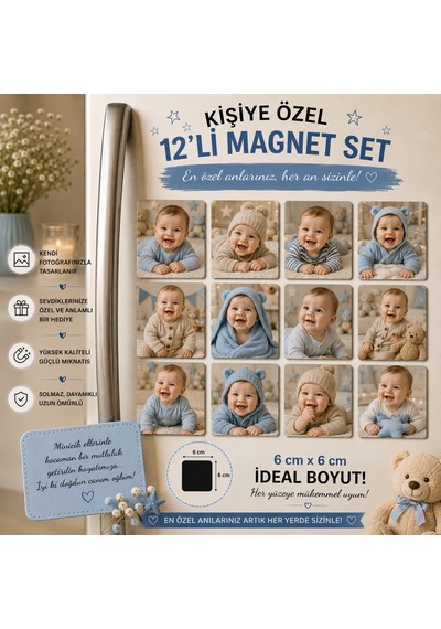12'li Kare Fotoğraf Magneti Erkek Bebeğe Kişiselleştirilebilir Bebek Anı Hediye Seti