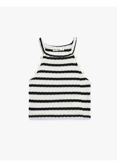 Koton Halter Yaka Kolsuz Kroşe Crop Bluz Siyah Çizgili 6sal30035ık