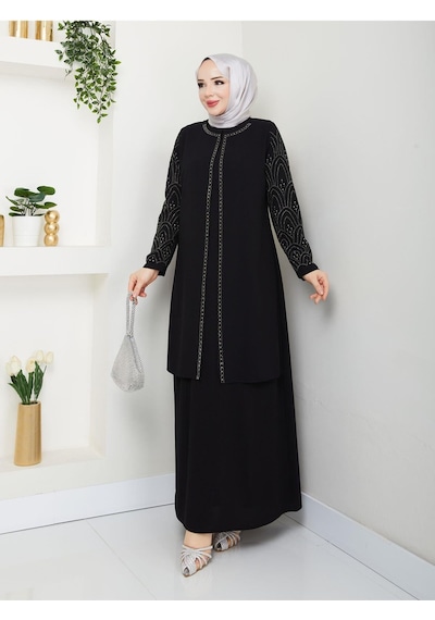 Eslemnur Kolları Taşlı Büyük Beden Anne Elbisesi Siyah