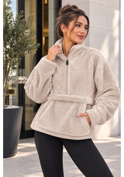 DefyModa Kadın Yarım Fermuarlı Kanguru Cepli Peluş Wellsoft Sweatshirt Bej