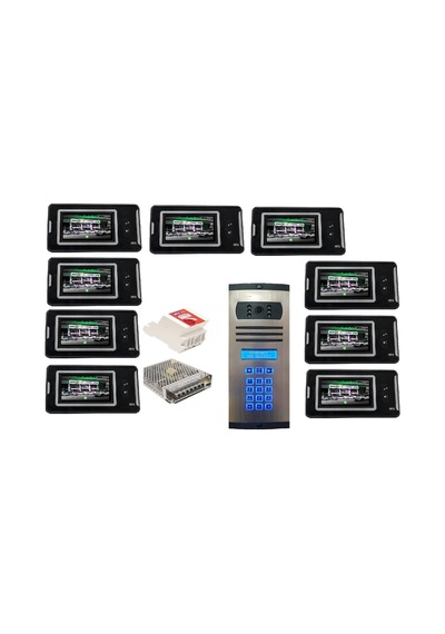 9 Daire Nts 2001-s 4,3'' Görüntülü Diafon Siyah-8003 Tuş Takımlı Şifreli Zil Panelli Set