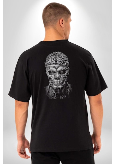 İnsan Beyni Korku Sineması Pamuklu Unisex Oversize Sırt Dijital Baskılı Siyah T-shirt Siyah